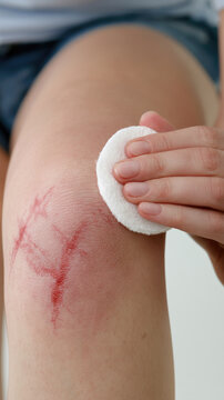Knee scrape wound clean with cotton pad on skin, soft daylight and shallow focus for first aid care