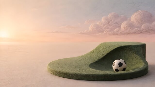sports football comeback concept with ball climbing from grass depression along smooth recovery ramp