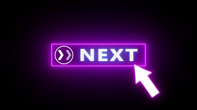 Glowing neon red color white text cursor animation pointing towards next button in looping with transparent background.