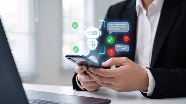 ai legal compliance and ethical chatbot moderation concept showing business professional using smartphone with digital justice scales, approval checkmarks, and message analysis tools for responsible 