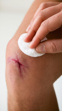 Knee scrape wound cotton pad gentle first aid close up skin injury soft light clean care healing pressure