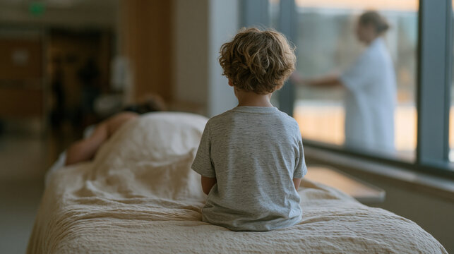 child in a hospital corridor watching a massage therapist work through a window identity based habit self concept healing observation pediatric ward therapeutic perspective young