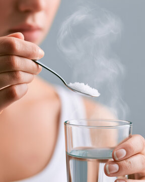 Salt water spoon hand glass steam warm salt person close up health gargle mouth throat care wellness remedy hygiene treatment clear liquid white metal crystal dissolve stir hydration medicine