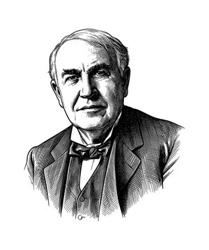 Thomas Edison European Man Portrait Serious Dignified Expression Black White Engraving Style