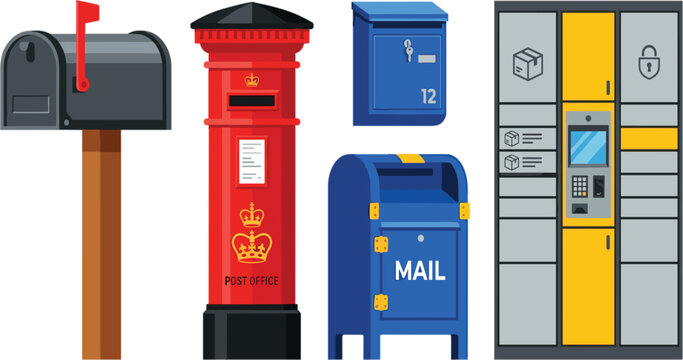 Postal service collection featuring mailbox post box parcel locker mail drop and delivery system vector illustration set