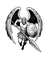 Obraz premium Powerful Bearded Winged Warrior Man Holding Spear and Shield Charging with Intense Expression Black and White
