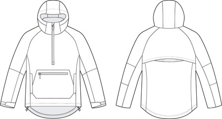Technical fashion flat sketch of a sporty outdoor anorak jacket with hood and front zip pocket © boishakhisarker