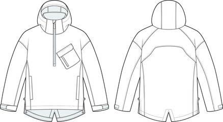 Technical fashion flat sketch of a sporty outdoor windbreaker jacket with hood and front chest pocket © boishakhisarker