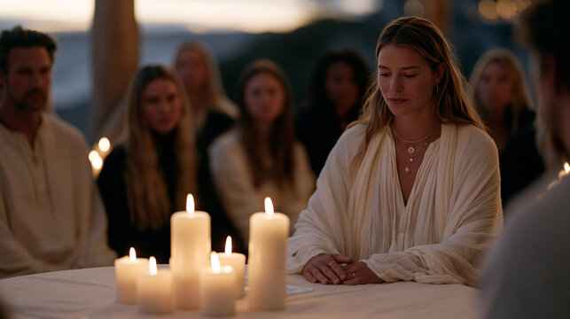 palm reader surrounded by candles at a round table in candlelit atmosphere diverse group watching intently cue routine reward habit loop mystical consultation spiritual guidance