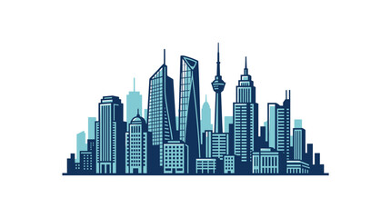Fototapeta premium Detailed monochrome blue city skyline metropolitan graphic.