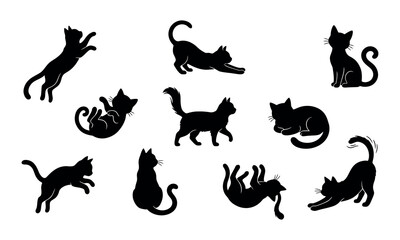 Obraz premium Set of various black cat silhouettes showing dynamic movement and resting poses