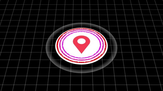 Location icon, white and red circle Hud compute circuit board elements radio waves grid background waste data management and sustainable industry symbol abstract digital concept.