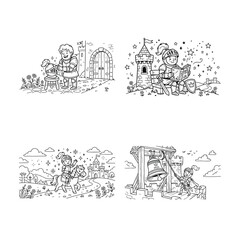 Fototapeta premium Set of four detailed hand drawn sketches depicting various historical and fantasy scenes in black and white
