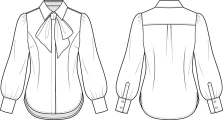 Technical fashion flat sketch of an elegant long sleeve button down blouse with bow tie collar © boishakhisarker