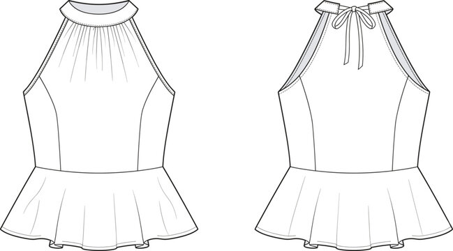 Technical fashion flat sketch of an elegant halter neck peplum top with gathered details and back tie
