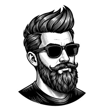 Cool stylish bearded man wearing sunglasses with a mustache and pompadour hairstyle in vector art