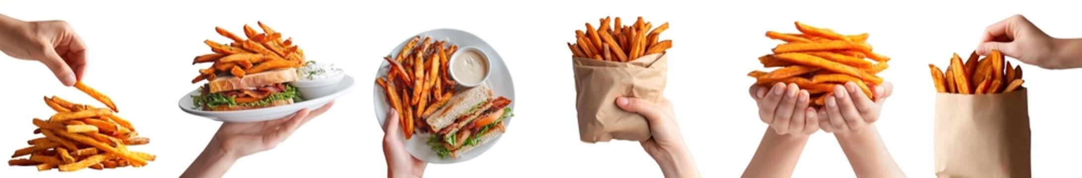 Set of hand holding pile stack group of sweet potato potatoes fries fry, plate with BLT sandwich with range mayo, takeout paper bag, transparent cutout PNG Mockup