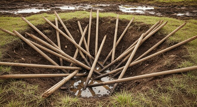 Pit trap with wooden stakes in muddy ground, concept of danger, hunting, or survival in rural outdoors
