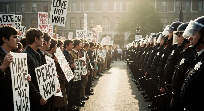 Riot police confront anti-war protestors holding 'Love Not War' and 'Peace Now' signs in a historical reenactment