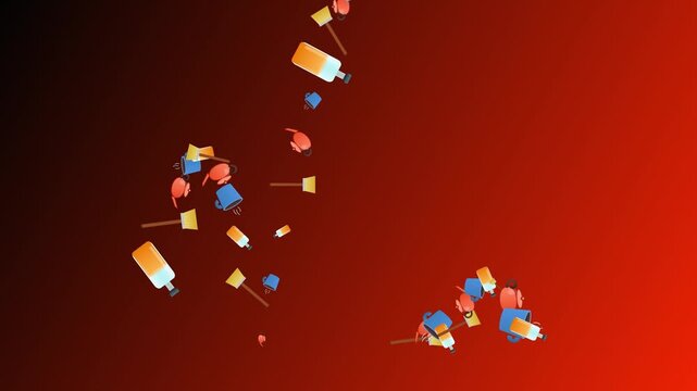Animated 2D tea time icons falling on a gradient red background