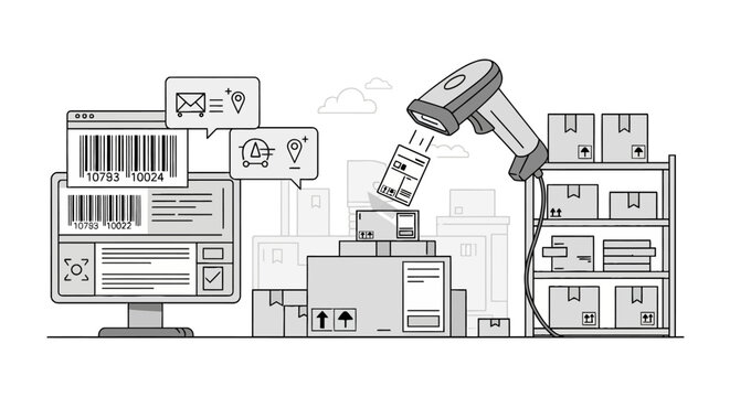 Inventory management with barcode scanner and warehouse boxes