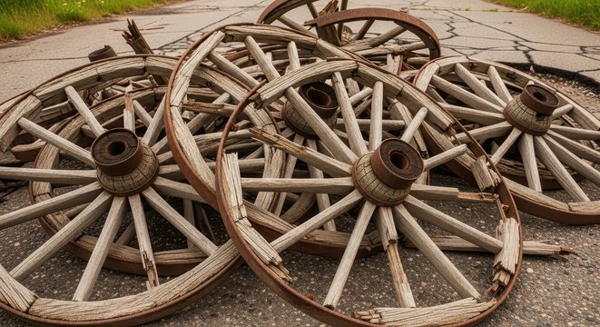 Pile of old broken wooden wagon wheels lying on an asphalt road, rustic abandoned transport concept
