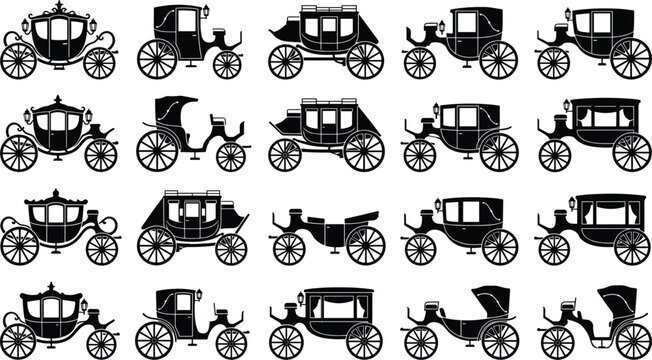 Vintage horse carriage collection featuring royal coaches, stagecoaches and Victorian wagons, antique transportation vector silhouette illustration set