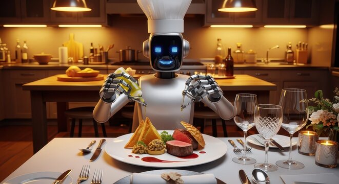Robot chef preparing a gourmet meal in a modern kitchen, serving fine dining food to an elegantly set table