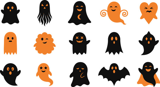 Set of cute hand drawn spooky ghost characters for halloween decorations and festive party design elements