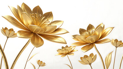 Obraz premium Elegant metallic gold flowers on white background with metallic