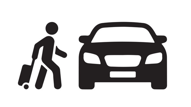 Minimalist black silhouette of a traveler with a rolling suitcase walking next to a car