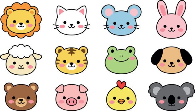 Cute Kawaii Animal Face Vector Icon Collection with Minimal Cartoon Avatar Elements for Kids Stationery Kindergarten Stickers and Baby Pattern Designs