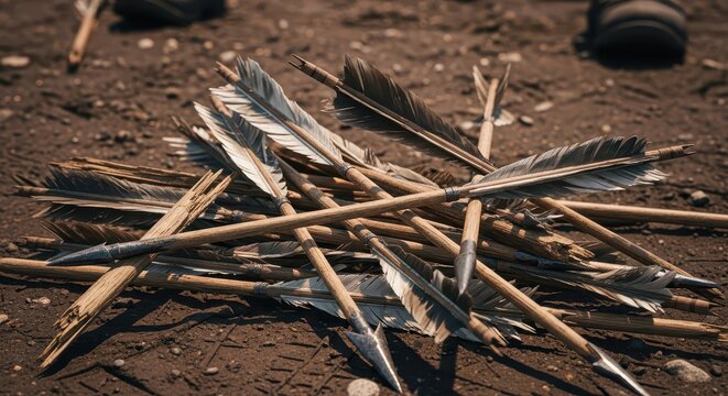 Pile of old, weathered arrows with feather fletching lying on the dusty ground, historical weapon concept
