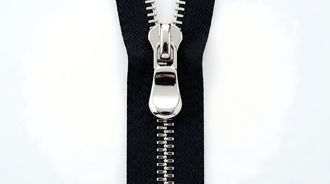Close-up view of a metallic zipper on a black fabric background, showcasing its interlocking teeth and slider mechanism.