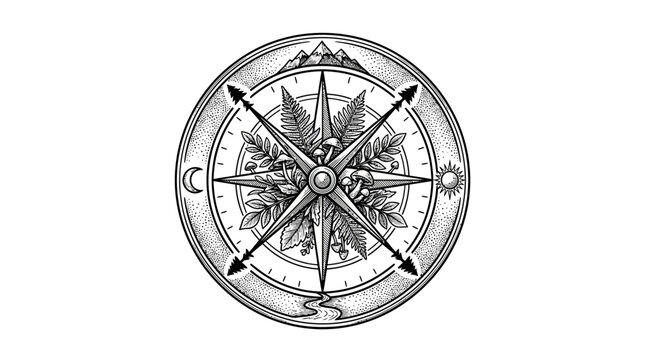 Ornate compass rose with mountain and leaf details.