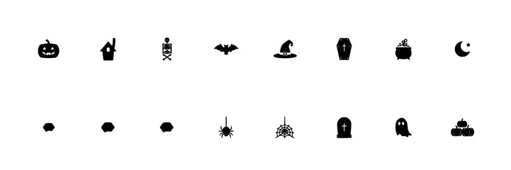 Obraz premium Halloween-Themed Icons and Symbols Arranged in Two Rows Featuring Pumpkin, Witch, Ghost with Bat and Tombstone Elements for Moon