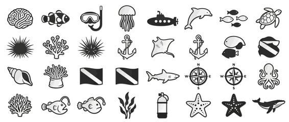 Set of Hand Drawn Marine Life and Nautical Icons © Muhammad Aldy