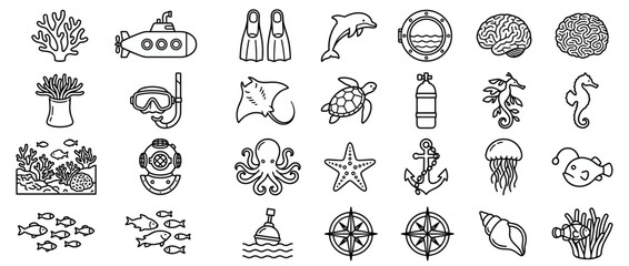 Set of Hand Drawn Marine Life and Diving Equipment Icons © Muhammad Aldy
