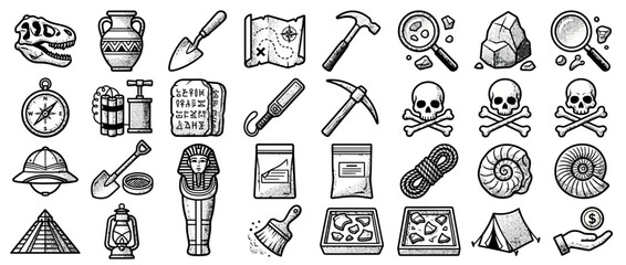 Set of Hand Drawn Archaeology and Paleontology Exploration Icons © Maya Ifah