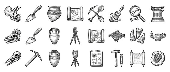 Set of Hand Drawn Archaeology and Paleontology Tools Icons © Maya Ifah