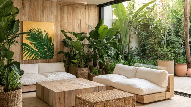 Sunlit lounge area with natural wood, lush plants, and minimalist sofas