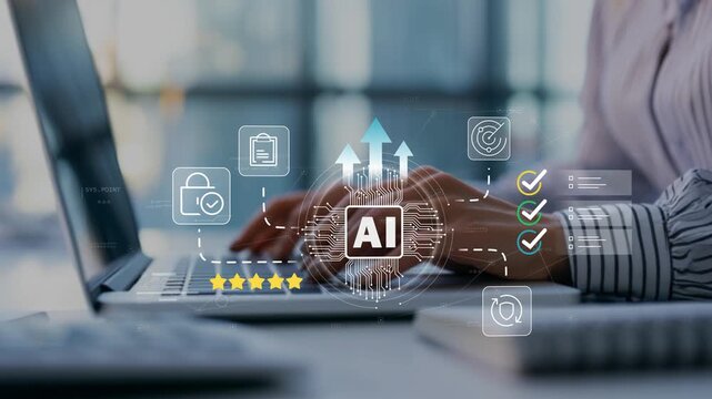 Artificial intelligence platform with animated AI icon, smart business automation, enterprise workflow management, future of work technology, productivity optimization and digital transformation