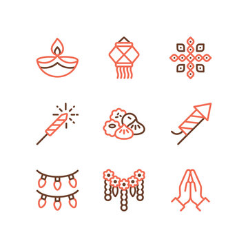 Diwali festival icons with traditional lamps fireworks and prayer hands in warm orange tones