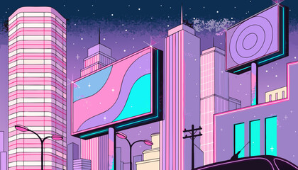 Naklejka premium Y2k aesthetic cityscape with neon billboard and skyscraper at night. Retro nineties urban landscape drawing style. Futuristic city view. Vector illustration for poster design.