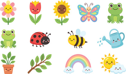 Cute Kawaii Spring Garden Vector Character Set with Smiling Frogs Sunflower Watering Can Rainbow Sun Cloud and Colorful Insects for Kids Nursery © Creative collection