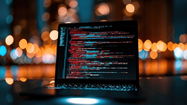 Illuminated laptop screen displays lines of code against a bokeh city background
