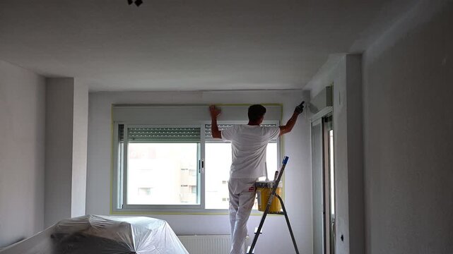 Professional painter working on a stepladder painting a room wall white