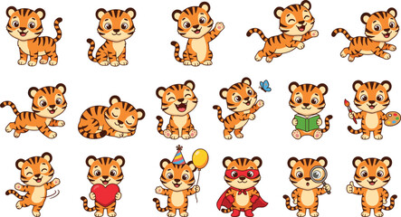 Cute Cartoon Baby Tiger Vector Character Set with Various Emotional Poses Actions Birthday Party Superhero and Artist Themes for Kids Birthday Nursery Graphic Designs