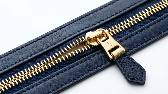 Close-up macro shot of a golden zipper on a dark blue leather surface, highlighting the intricate details of the teeth and pull tab.