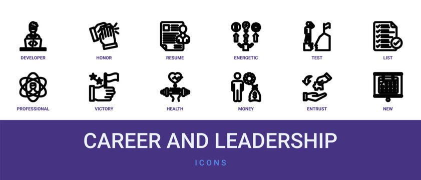 Set of 12 outline web Career and Leadership icons such as new, entrust, money, health, victory, professional, list vector icons for report, presentation, diagram, web design, mobile app